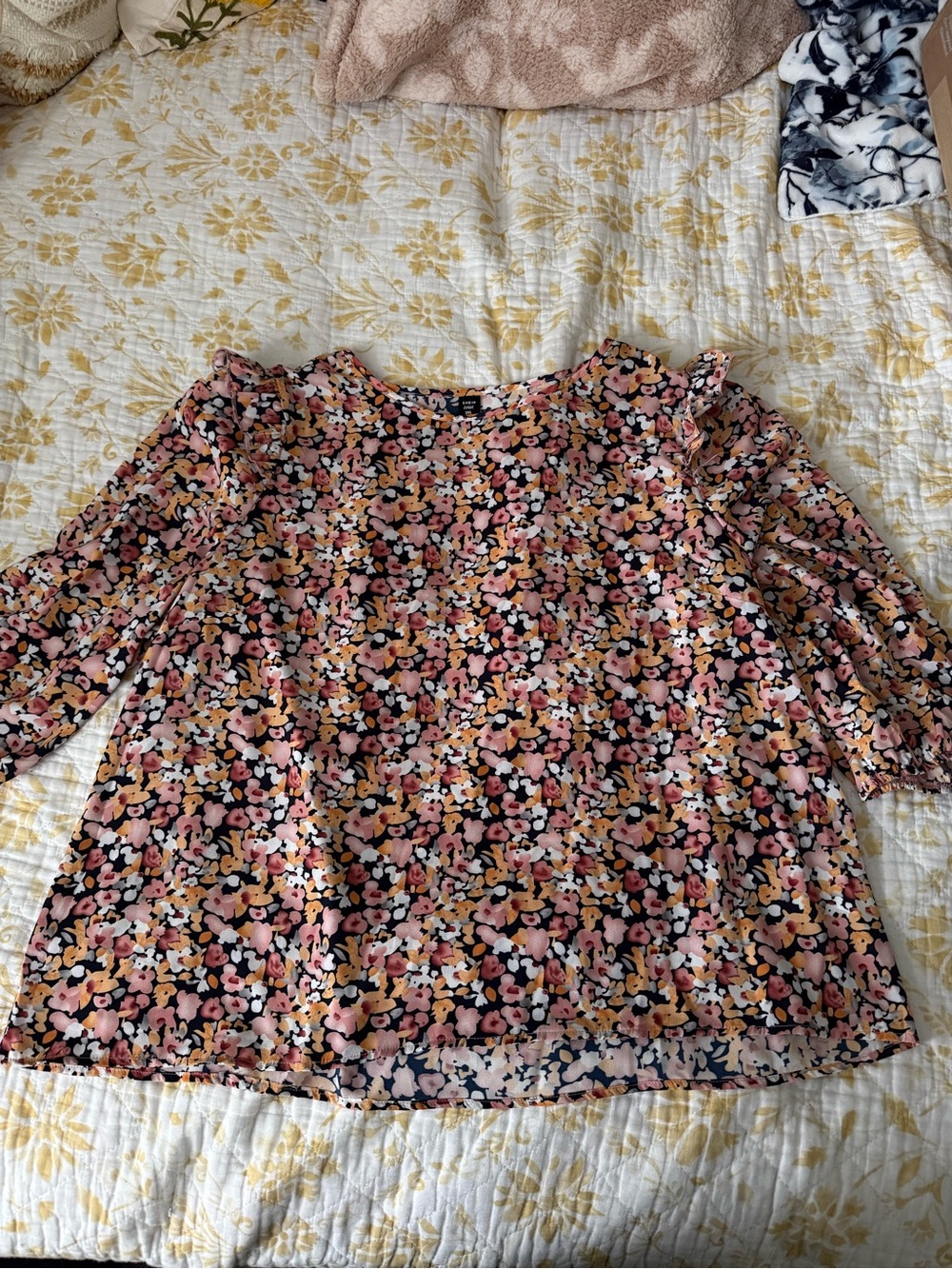 SHEIN Navy, Mustard, & Pink Floral Ruffle Shoulder Blouse
